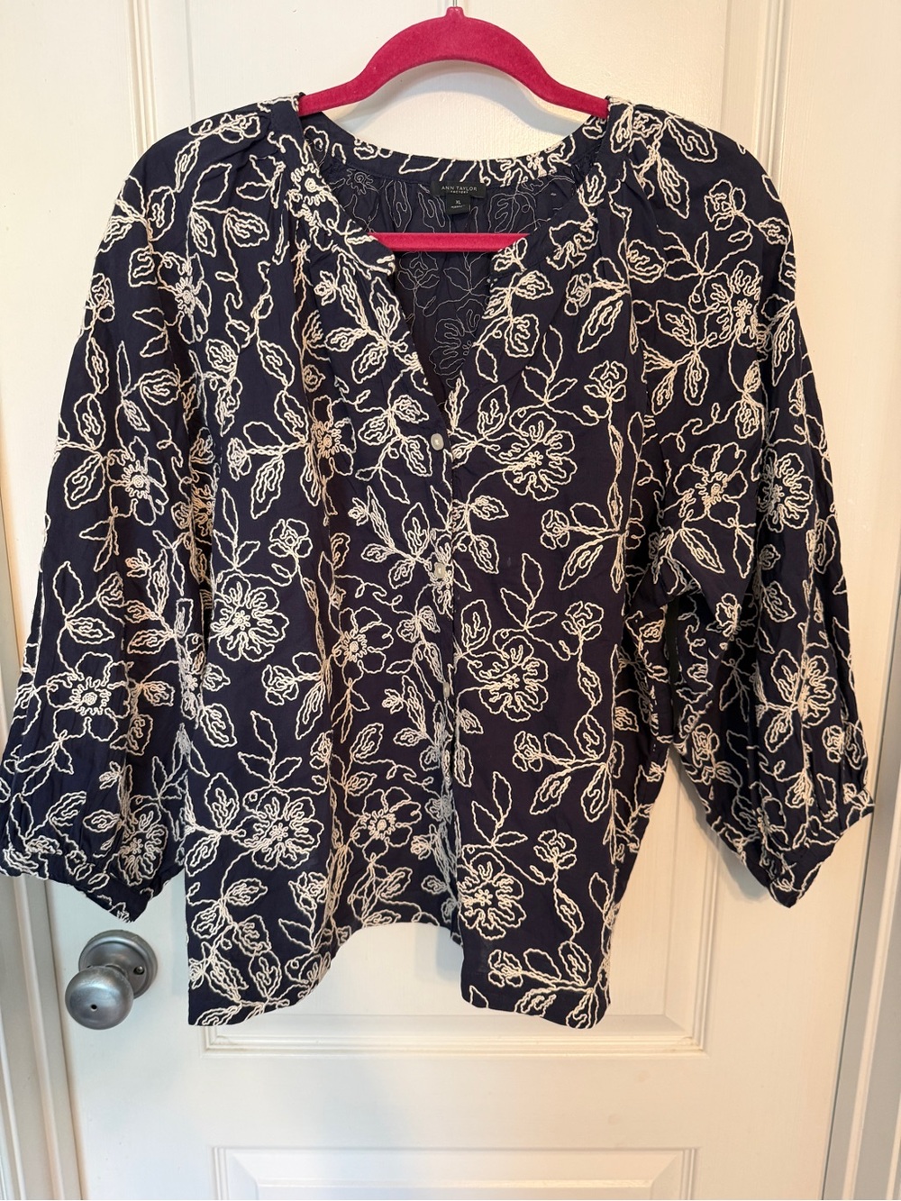 Ann Taylor Navy Floral Embroidered Peasant Top - Women's